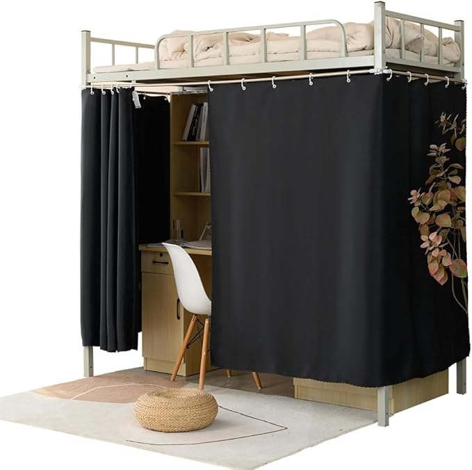 Full Size Bunk Bed Blackout Curtains Heavy-Duty for Bottom Men Women Teens, Black, 2 Panels, 59in Height