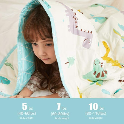 Weighted Idea Cooling Weighted Blanket Kids 10 lbs 41"x60" (100% Cotton, Dinosaur) with Premium Glass Beads