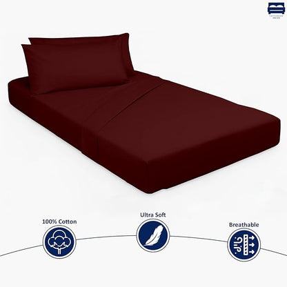 Cottingon 33"x75" Cot Sheet and Pillow Case 4 Piece Set, 100% Egyptain Cotton Soft Bedding Perfect for Rollaway, Folding, Guest Bed Frame, Fits Upto 7" Deep Mattress, Burgundy Solid