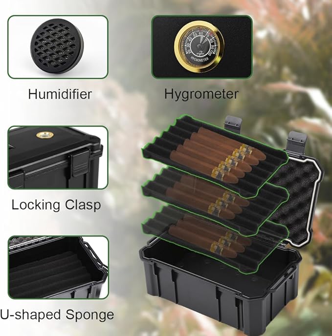 Bald Eagle Cigar Humidor Box, Travel Humidor with Humidifier Hygrometer, Portable Case for 15-20 Cigars, Waterproof | Crushproof | Airtight