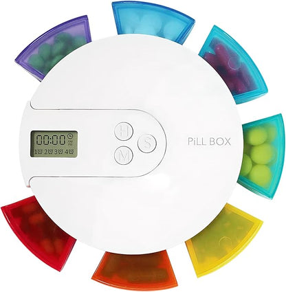 Automatic Pill Dispenser, 7 Day Pill Organizer with Large Digital Display & Alarm, Portable Travel Medicine Box for Vitamins & Medications Colorful