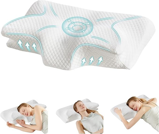 DUMOS Cervical Neck Pillow for Sleeping, Cooling Ergonomic Memory Foam Pillow with Arm Rest Slot and Ice Silk Pillowcase, Dual Height Orthopedic Support Contour for Side, Back, Stomach Sleepers