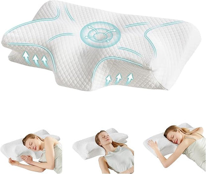 Sweetcrispy Memory Foam Cervical Pillow, 2 in 1 Ergonomic Contour Orthopedic Pillow for Neck Pain, Contour Side Sleeper for Adults, Orthopedic Neck Support for Back Stomach Sleepers, White