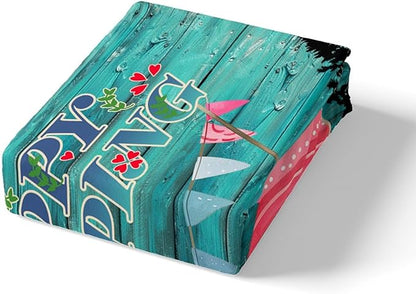 Happy Camping Kids Fitted Sheet Full Size,Camper Truck RV Trailer Outdoor Adventure Bedding Set,Girls Women Room Decor,Woode Plank Rustic Bed Cover,Pink Teal Bed Sheet,2 Pillowcases(No Top Sheet)