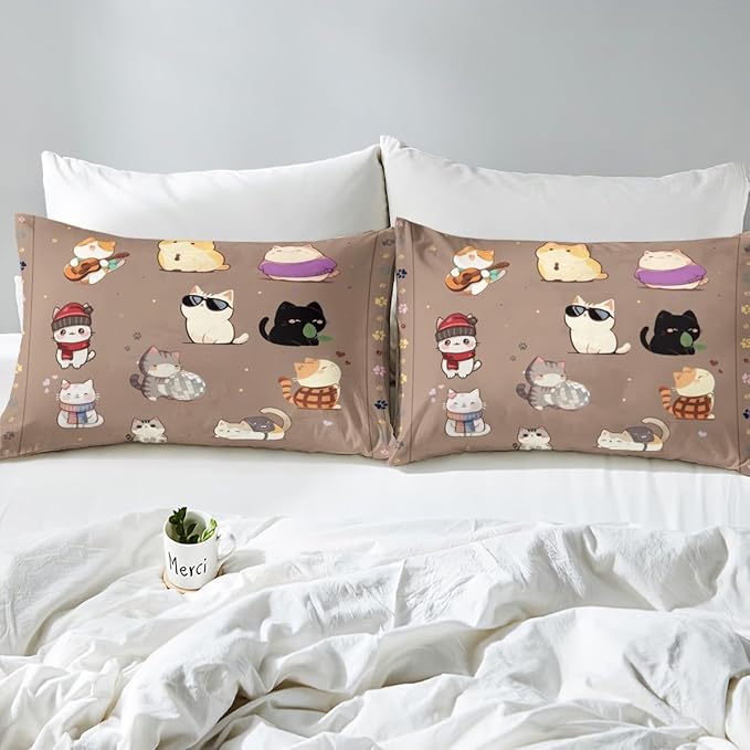 Kids Bedding Cute Cats Fitted Sheet Full Size,Watercolor Cat Aniaml Cartoon Bedding All-Round Elastic Pocket,Colorful Cat Paw Print Bed Sheet 3 Pieces Fits Mattress