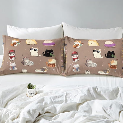 Kids Bedding Cute Cats Fitted Sheet Full Size,Watercolor Cat Aniaml Cartoon Bedding All-Round Elastic Pocket,Colorful Cat Paw Print Bed Sheet 3 Pieces Fits Mattress
