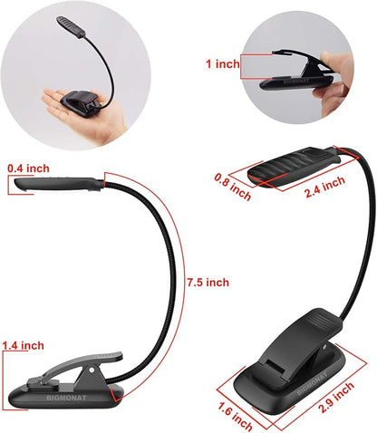 BIGMONAT Led Book Reading Light, Rechargeable Amber Book Night Light, Portable Bendable Neck, USB, Brightness Adjustable, Reduces Eye Strain, Black