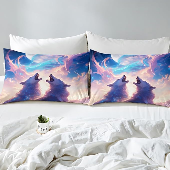 Wild Wolf Kids Fitted Sheet Queen Size,Cloud Sky Dreamy Bedding Set,Boys Girls Room Decor,Hunting Animal Adventure Rustic Farmhouse Bed Cover,Blue White Bed Sheet,2 Pillowcases