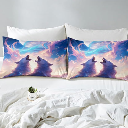 Wild Wolf Kids Fitted Sheet Full Size,Cloud Sky Dreamy Bedding Set,Boys Girls Room Decor,Hunting Animal Adventure Rustic Farmhouse Bed Cover,Blue White Bed Sheet,2 Pillowcases
