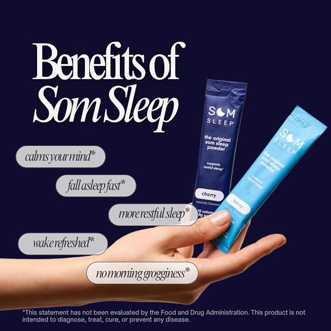Som Sleep Zero Sugar Sleep Powder Drink Mix, Magnesium, L-Theanine, GABA, Melatonin (3mg), B6, Restful Sleep Support, Sleep Aid Supplement, Vegan, Non-GMO, Gluten-Free, 20 Stick Packs