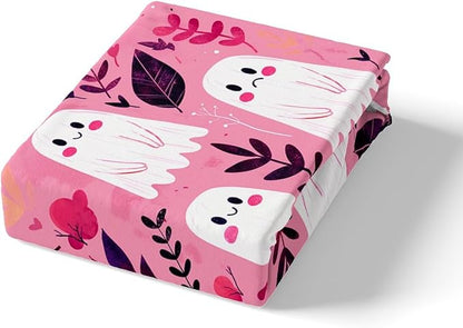 Cute Ghosts Fitted Sheet,Full Size Happy Halloween Ghost Kawaii Pink Collections,Rustic Farmhouse Botanical Leaves Natural Bedding Deep Pocket for Children Teens Young with 2 Pillowcases