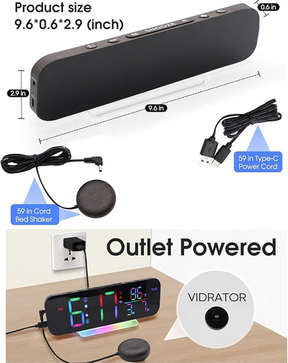 Extra Loud Vibrating Alarm Clock,Large LED Digital Display,Dual Alarms,Multiple RGB Colors,Dimmable Volume Adjustable,for Deep Sleepers and Hearing Impaired Deaf Seniors (Wood Grain)