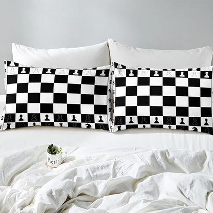 Checkerboard Bed Sheet Queen Size,International Chess Modern Chess Sport Game Sheets,Geometric Checker Plaids Grids Black White Deep Pocket Bedding Sets (1 Fitted,1 Flat,2 Pillowcases)