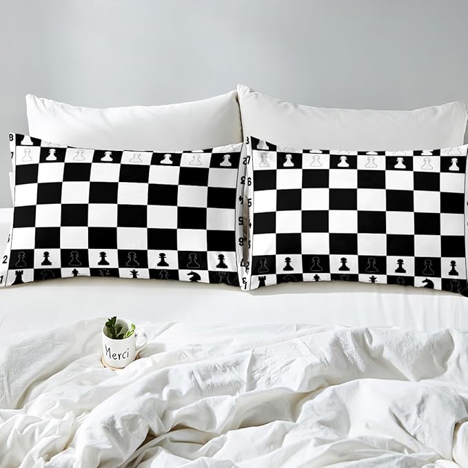 Checkerboard Bed Sheet King Set,International Chess Modern Chess Sport Game Sheet Sets Room Decor,Geometric Checker Plaids Grids Black White Bedding Set with Flat,Fitted Sheet,2 Pillow Cases