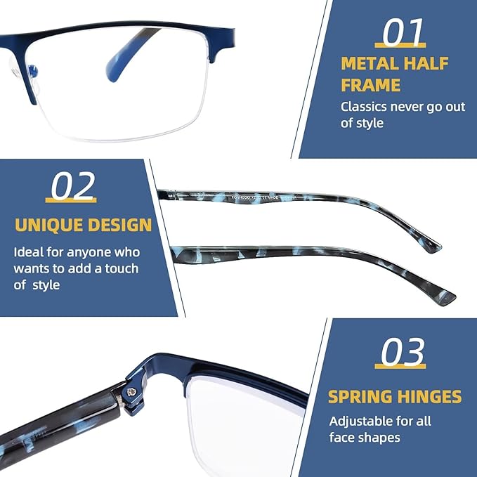 FONHCOO Reading Glasses for Women Men, Blue Light Blocking Reading Glasses Metal Half Frame Computer Readers Anti UV/Glare