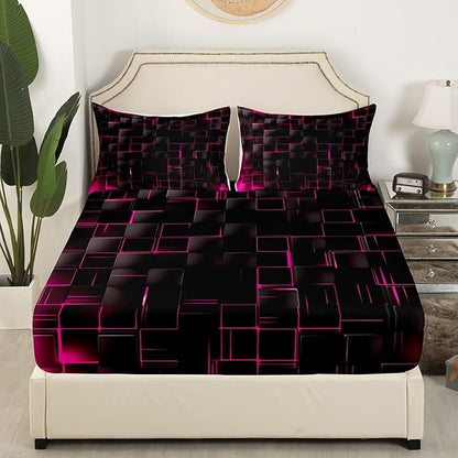 Manfei Abstract Sheet Set King Size, Modern Geometric Square Grid Bed Sheet Set 4pcs with Deep Pocket Fitted Sheet + Flat Sheet + 2 Pillowcases, Rose and Black Bedding Set for Kids Boys Girls Adults