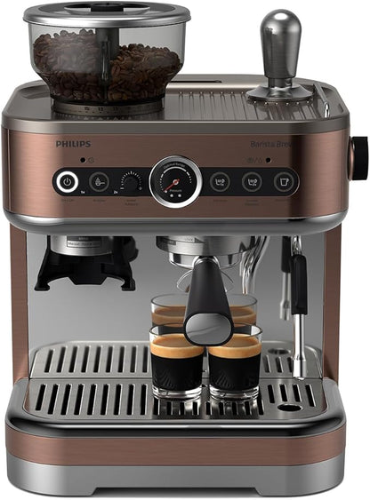 PHILIPS Barista Brew Semi Automatic Espresso Machine - Single & Double Espresso + Americano Button, 280g Dual Bean Container, Intuitive Guidance, Calibrated Tamping, Metal Cappuccino (PSA3228/41)