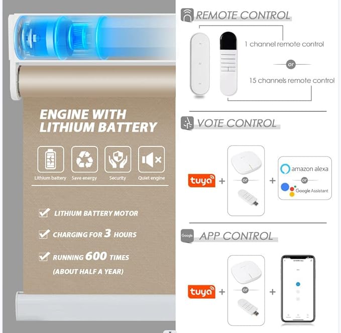 Allesin Motorized Roller Shade Blinds Compatible with Alexa for Window, Blackout Smart Shades Cordless with Remote Control, Electric Automated Blinds, Customized Size, Lithium Battery Motor(Camel)
