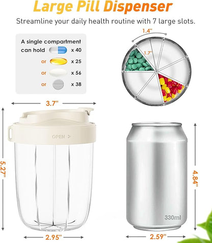 Pill Dispenser with 7 Large Compartments - Portable Pill Organizer for Travel, Anti-Mix Design & Wide Opening Design, Easy Access to Vitamin Dispenser, Includes 20 Blank Stickers (White)