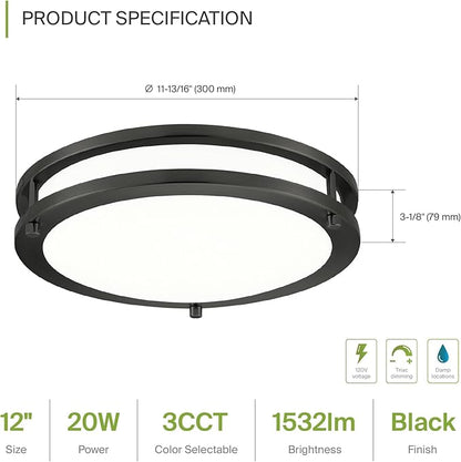 ASD LED 12" Round Flush Mount Lighting, Close to Ceiling Light Fixture | 3CCT, Dimmable, Energy Star, ETL Listed | 20W 1532LM 3000-5000K 120V | Low Profile Double Ring Lamp | Black, 4 Pack