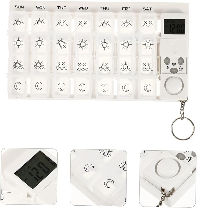 7 Mini Pill Box Travel Alarm Clock Mini Alarm Clock Lock Box for Medication Containers 7 Days Pill Box White Storage Box Dispenser Electronic Medicine Chest Travel Medication