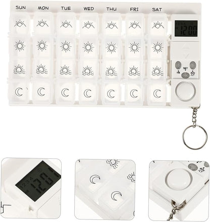 7 Mini Pill Box Travel Alarm Clock Mini Alarm Clock Lock Box for Medication Containers 7 Days Pill Box White Storage Box Dispenser Electronic Medicine Chest Travel Medication