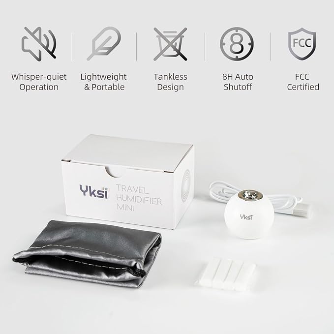 YKSI Mini Portable Humidifiers - Personal Desktop Humidifier for Travel Office Bedroom Plants with Auto Shutoff, Easy to Fill and Clean, Quiet Cool Mist Humidifier with Storage Bag, White
