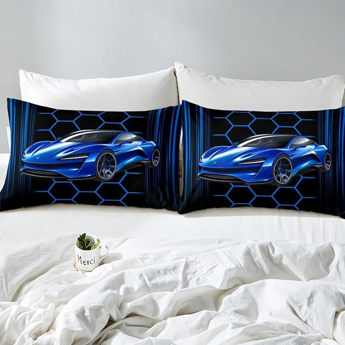 Honeycomb Geometric Full Size Fitted Sheet,Extreme Sports Theme 3 Pieces Kids Teenager Room Decor Blue Race Car Pocket 2 Pillowcases No Flat Sheet