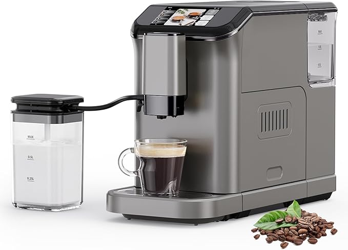 Automatic Espresso Machine with 20 Bar Pressure – One-Touch Coffee Maker, Built-in Grinder & Milk Frother, 6 Custom Recipes, 1.5L Water Tank, Auto Self-Cleaning, 120V for Home & Office (Grey)