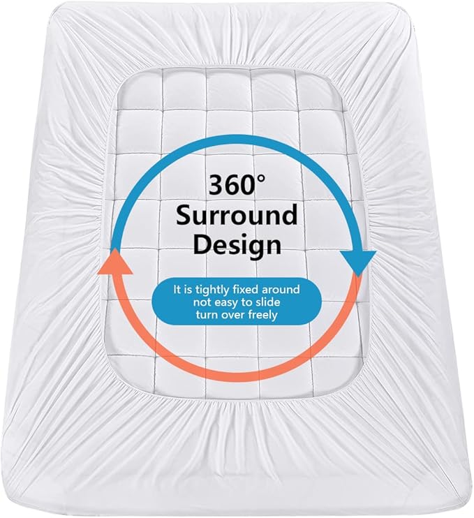 Full Mattress Pad Cover Pillow Top with Stretches to 18” Deep Pocket Fits Up to 8”-21” Cooling White Bed Topper (Down Alternative, Full Size)