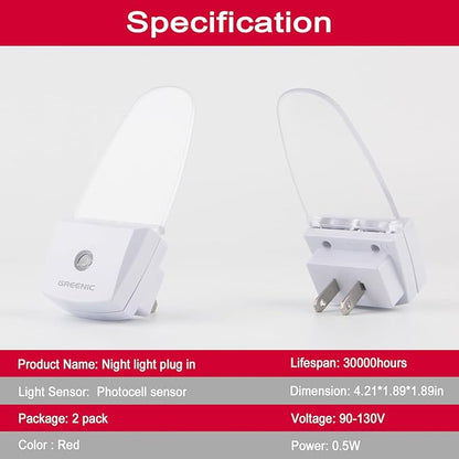 GREENIC Red Plug in LED Night Light 2 Pack Dusk to Dawn Sensor for Bedroom, Bathroom, Kitchen, Hallway
