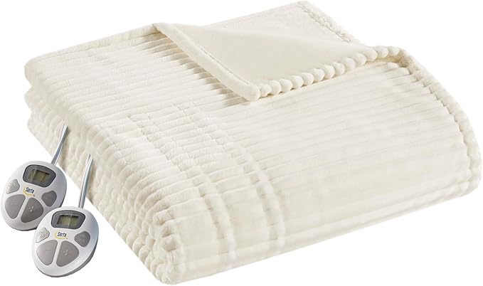 Serta Electric Blanket, Soft, Ribbed, Plush Heating Blanket Queen for Office, Couch, 1-12 hr Auto Shut Off Timer, 10 Lv Heating, ETL Certified, Queen 84"x90" Marshmallow