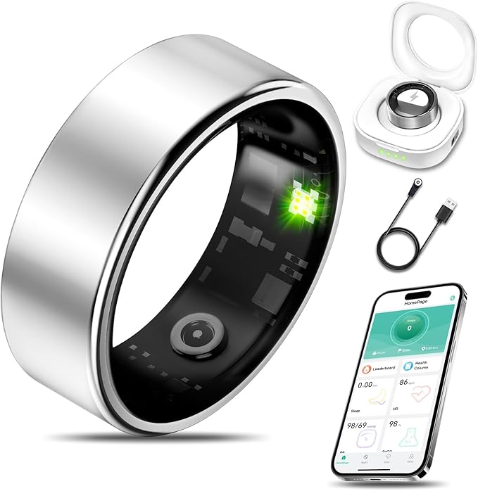 Smart Health Ring for Women Men Fitness Tracker with Heart Rate, Blood Oxygen, Blood Pressure, Sleep Monitoring, Step Counting, IP68 Waterproof for iOS and Android, No APP Fee, Silver 6