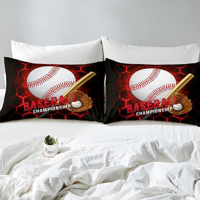 Manfei Baseball Sheet Set Queen Size, Abstract Geometric Red Honeycomb Bed Sheet Set 4pcs with Deep Pocket Fitted Sheet + Flat Sheet + 2 Pillowcases, Sports Theme Bedding Set for Kids Boys Room Decor