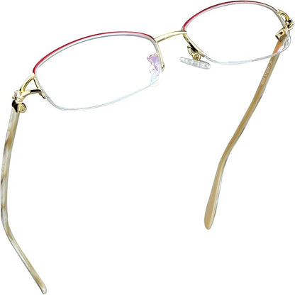 LifeArt Alloy Semi-Rimless Reading Glasses,Blue Light Blocking Glasses, Anti Eyestrain, Computer Gaming Glasses, TV Glasses for Women Men, Anti Glare (Red Gold, +3.25 Magnification)