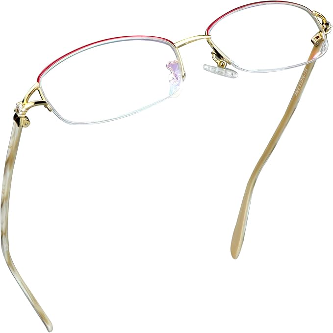 LifeArt Alloy Semi-Rimless Reading Glasses,Blue Light Blocking Glasses, Anti Eyestrain, Computer Gaming Glasses, TV Glasses for Women Men, Anti Glare (Red Gold, +0.00 Magnification)