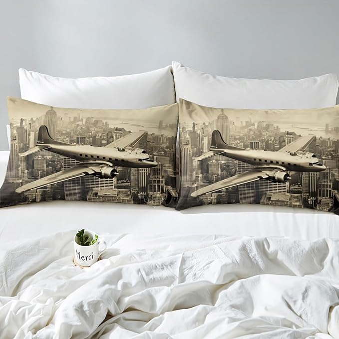 3D Airplane Kids Fitted Sheet Twin Size,Aviation Aircraft Flying Plane Retro Bedding Set,Boys Girls Room Decor,High Building Modern Fashion Bed Cover,Brown Bed Sheet,1 Pillowcase