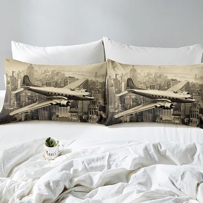 3D Airplane Kids Fitted Sheet Twin Size,Aviation Aircraft Flying Plane Retro Bedding Set,Boys Girls Room Decor,High Building Modern Fashion Bed Cover,Brown Bed Sheet,1 Pillowcase