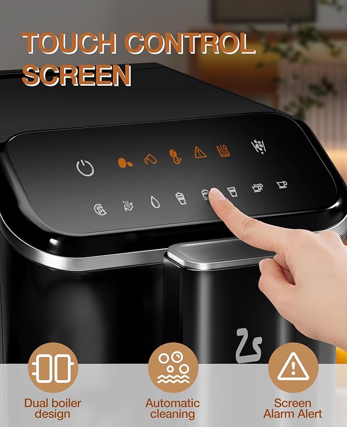 Fully Automatic Espresso Machine, Espresso & Coffee Machine with Automatic Milk Frother, Built-In & Adjustable Espresso Bean Grinder, Touch Screen Coffee Machine with 1.5 L Water Tank