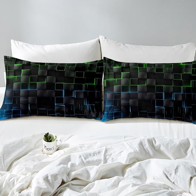 Manfei Green and Blue Sheet Set Queen Size, Abstract Geometric Bedding Set for Kids Boy Girls Adults, Black Square Lattice Bed Sheet Set 4pcs with Deep Pocket Fitted Sheet + Flat Sheet + 2 Pillowcases