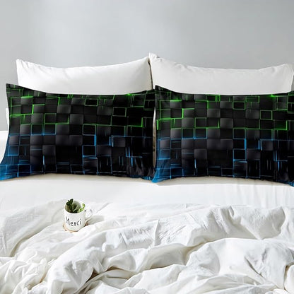 Manfei Green and Blue Sheet Set Queen Size, Abstract Geometric Bedding Set for Kids Boy Girls Adults, Black Square Lattice Bed Sheet Set 4pcs with Deep Pocket Fitted Sheet + Flat Sheet + 2 Pillowcases