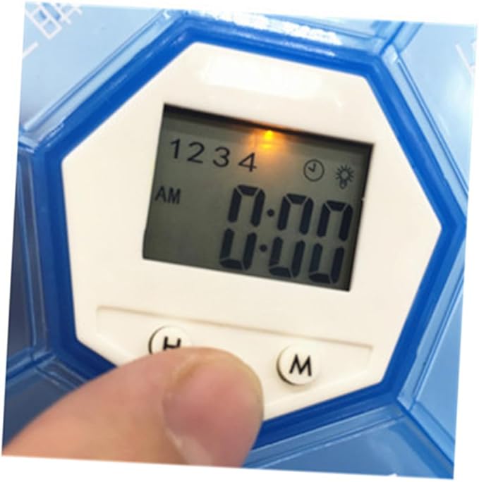 Mikinona Electronic Pill Dispenser with Alarm Clock Weekly Medication Organizer Box for Patients Blue Reminder Case with See-Through Lids for Easy Daily Medicine Management