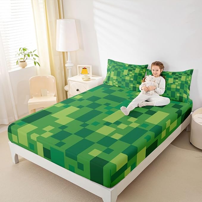 Pixelated Blocks Kids Queen Size Fitted Sheet,Video Games Abstract Gamepad Boys Girls Bed Sheets,Geometric Grid Patchwork Room Decor,Light Green Bedding Set,2 Pillowcases(No Flat)