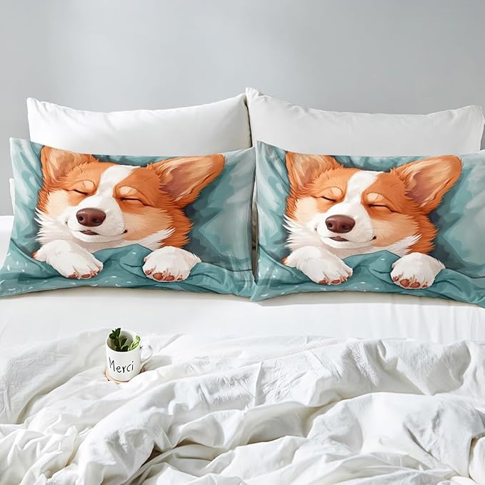 Lovely Corgi Kids Fitted Sheet Queen Size,Cartoon Dog Puppy Bedding Set,Boys Girls Room Decor,Hairy Cute Animal Bed Cover,Cyan Cartoon Bed Sheet,2 Pillowcases
