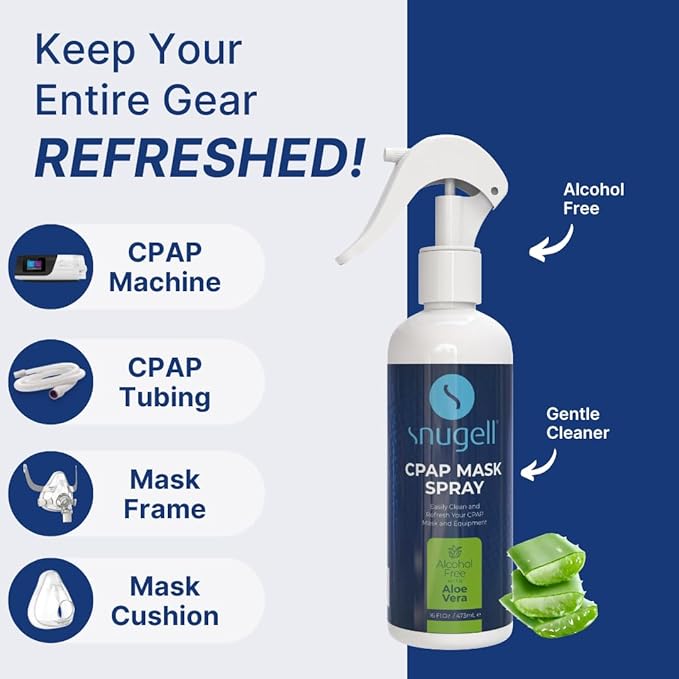 Snugell CPAP Cleaner Spray - Alcohol Free with Aloe Vera, Gentle Cleaner for Masks, Tubes & Machines for Best CPAP Cleaning - Easy to Use, Refreshes & Maintain your Equipment (16 floz bottle) (1-Pack)