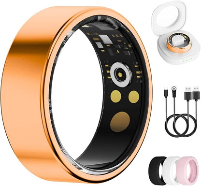Smart Ring for Women & Men, Health Tracker Ring with Heart Rate, Blood Oxygen,Blood Pressure, IP68 Waterproof Fitness Ring, Sleep Tracker for iPhone and Android, No APP Fee (Orange, 6#)
