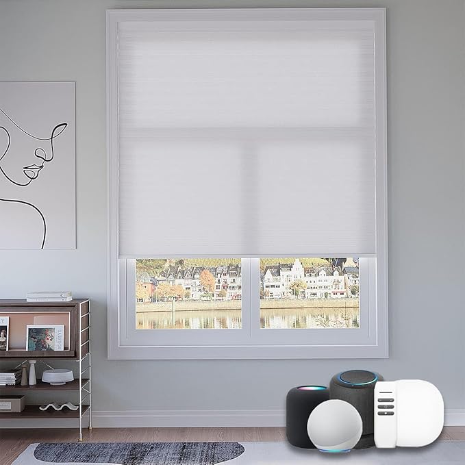 Motorized Cellular Shades with Remote, Light Filtering Smart Cellular Shades Compatible with Alexa, Honeycomb Window Blinds for Bedroom Home Office, Custom Size, Half Shading Crystal White