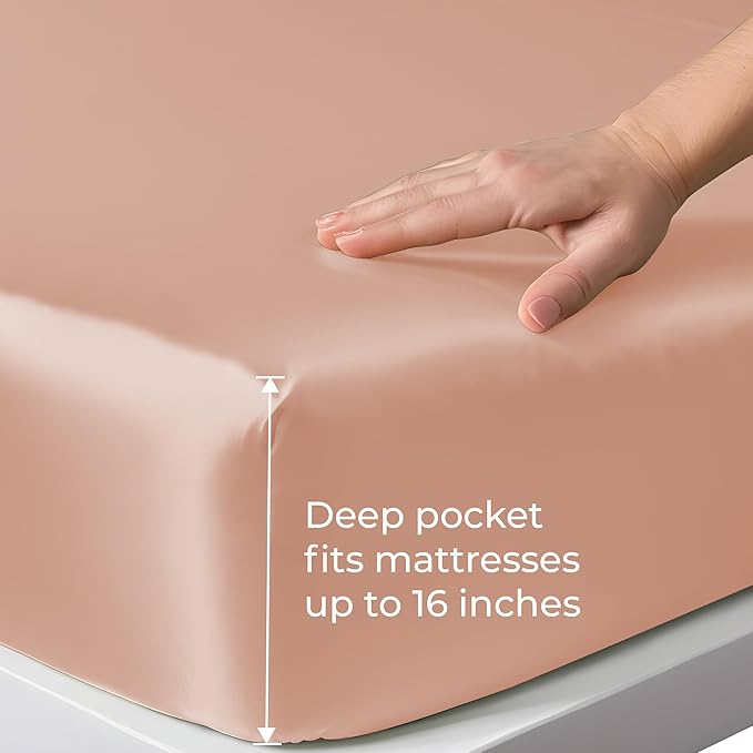 LINENWALAS Fitted Sheet Only Viscose Derived from Bamboo, Bottom Sheet for Twin Size Bed – 16” Deep Pocket, All Around Snug Fit – Cooling, Breathable, Soft, Hypoallergenic (Rose Gold, Twin)