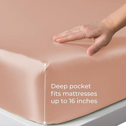 LINENWALAS Fitted Sheet Only Viscose Derived from Bamboo, Bottom Sheet for Queen Size Bed – 16” Deep Pocket, All Around Snug Fit – Cooling, Breathable, Soft, Hypoallergenic (Rose Gold, Queen)