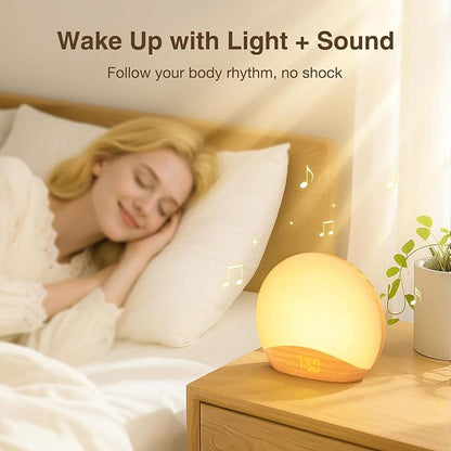 HOUSBAY Sunrise Alarm Clock for Bedroom – Natural Wake-Up Light, FM Radio & Bluetooth Speaker, Wood-Inspired Design, Dimmable Night Light for Adults & Phone-Free Mornings